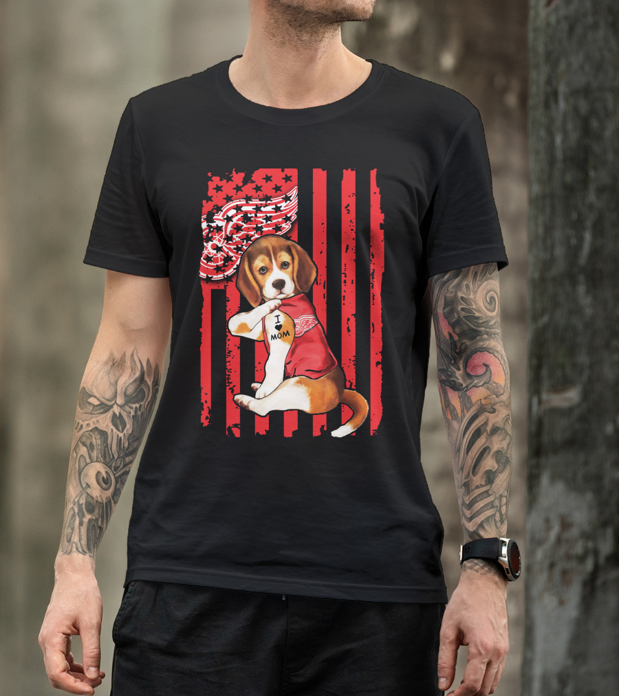 Beagle I Love Mom Detroit Red Wings Red Stripes T-Shirt