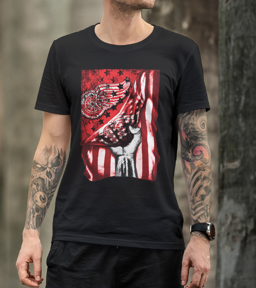 Detroit Red Wings American Flag Fist Star Graphics T-Shirt