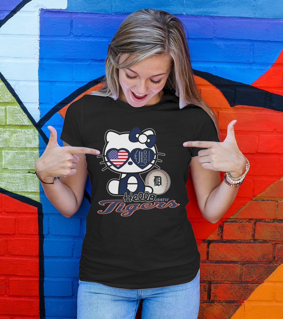Hello Kitty Detroit Tigers American Flag Baseball T-Shirt
