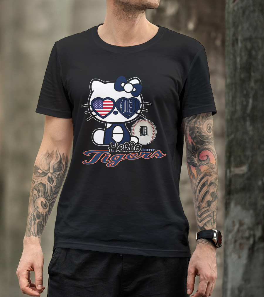 Hello Kitty Detroit Tigers American Flag Baseball T-Shirt