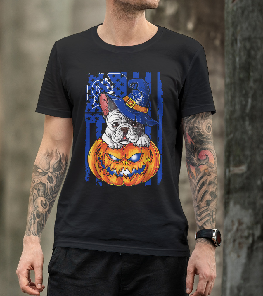 Hlw Bulldog On Duke Blue Devils Themed Halloween Pumpkin With Wizard Hat T-Shirt