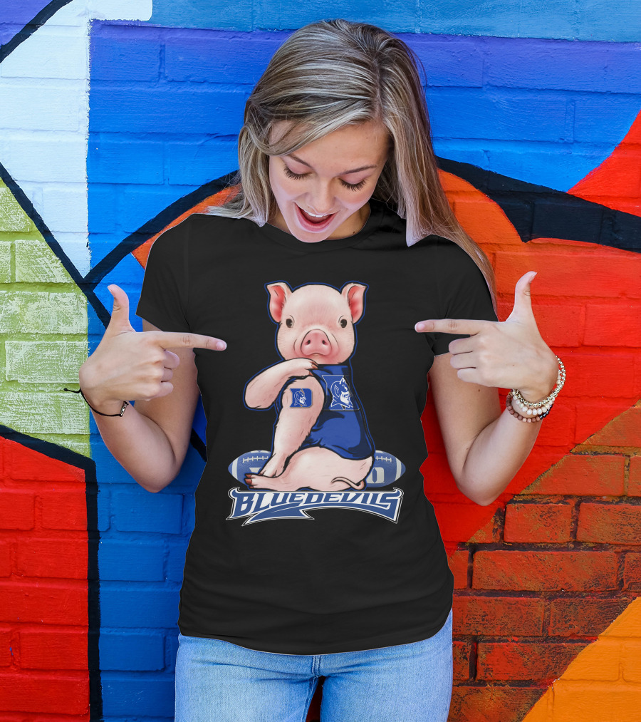 Pig Wearing Duke Blue Devils Jersey With Football Background T-Shirt