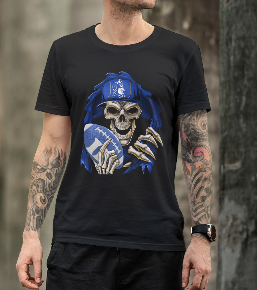 Duke Blue Devils Skull With Football And Logo Hat T-Shirt