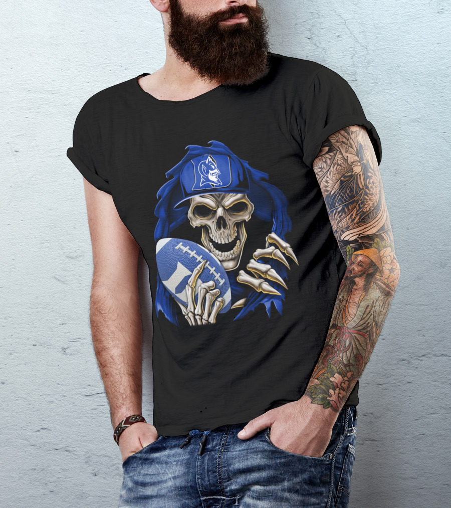 Duke Blue Devils Skull With Football And Logo Hat T-Shirt