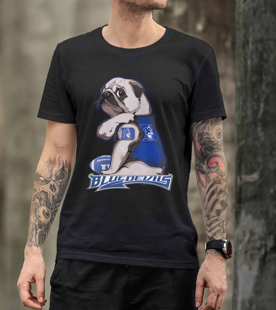 Pug Wearing Blue Devils Football Jersey T-Shirt