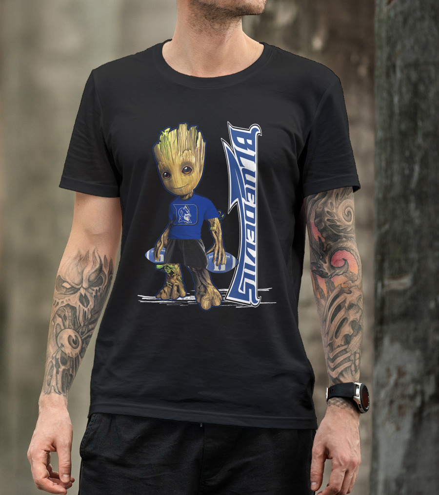 Groot Wearing Duke Blue Devils Shirt With Blue Devils Logo And Football T-Shirt