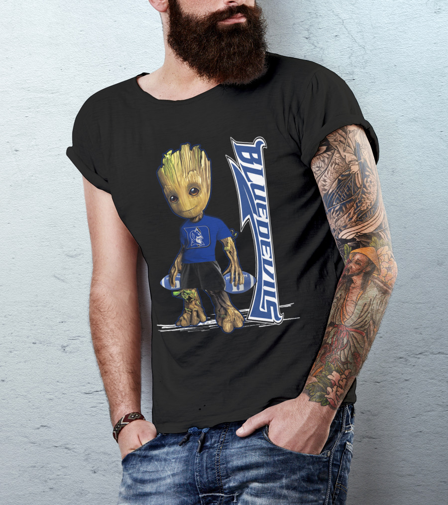 Groot Wearing Duke Blue Devils Shirt With Blue Devils Logo And Football T-Shirt