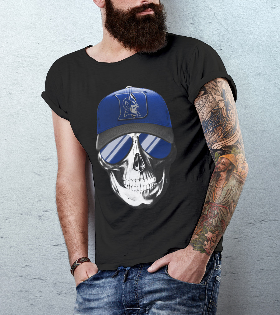 Skull Wearing Duke Blue Devils Logo Hat And Sunglasses T-Shirt