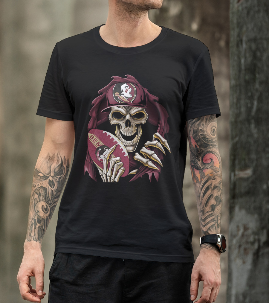 Skullbong Florida State Seminoles Skeleton Holding Football T-Shirt
