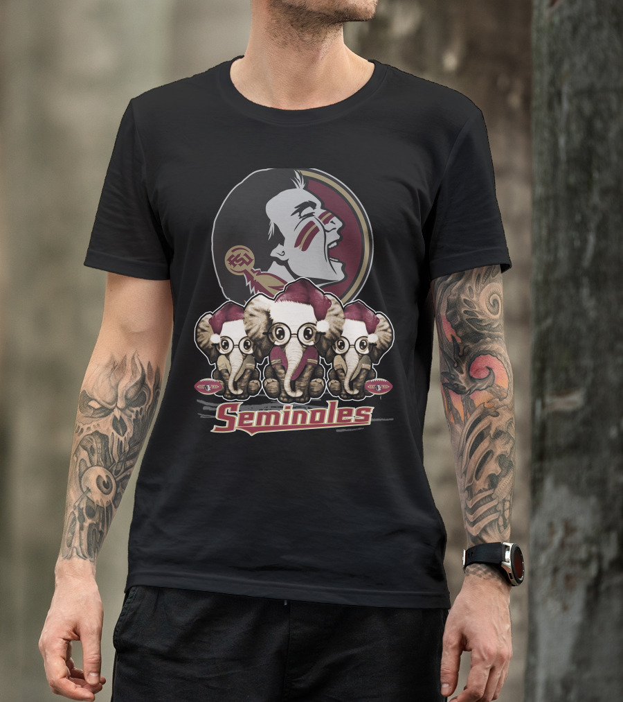Seminoles Florida State Xmas Elephan With Santa Hats And Eyeglasses T-Shirt