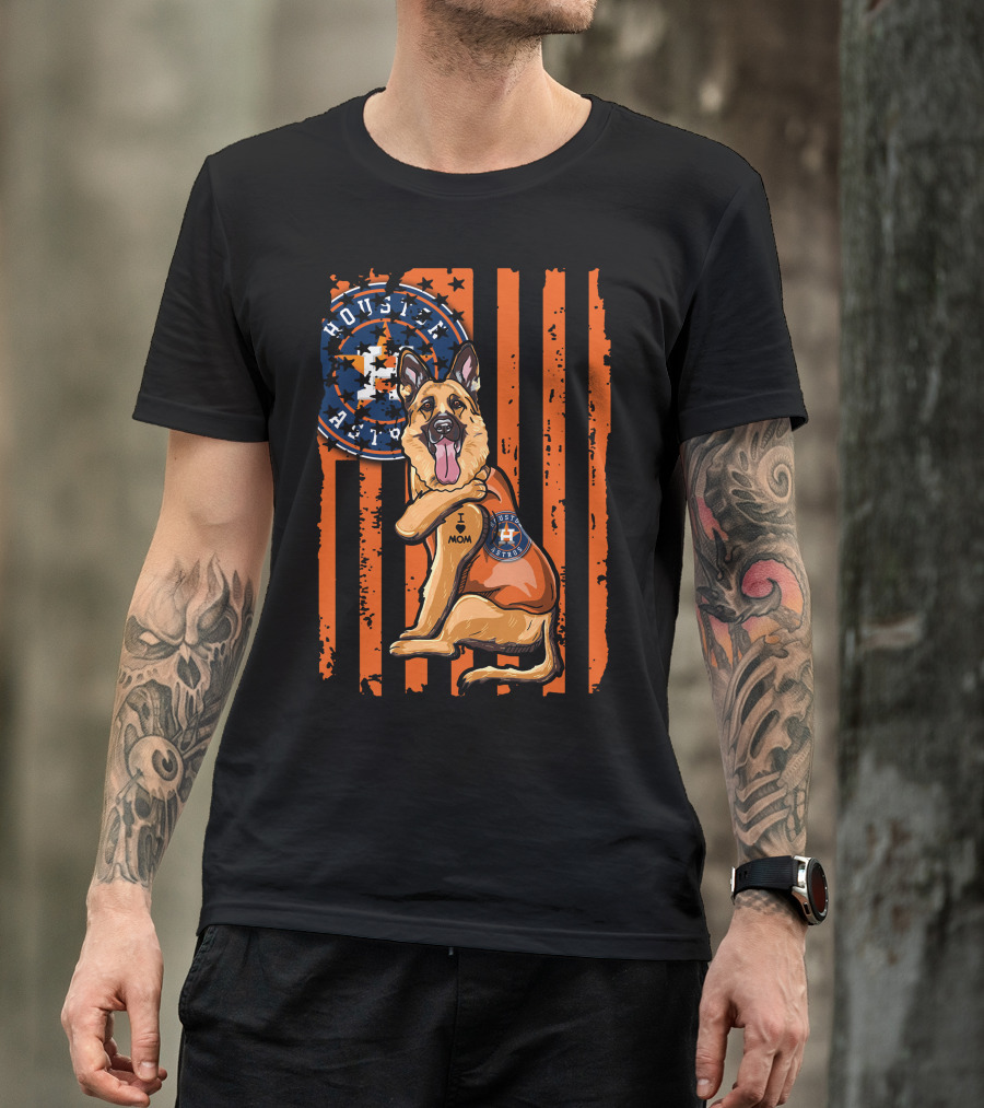 Houston Astros I Love Mom German Shepherd Patriotic Flag T-Shirt