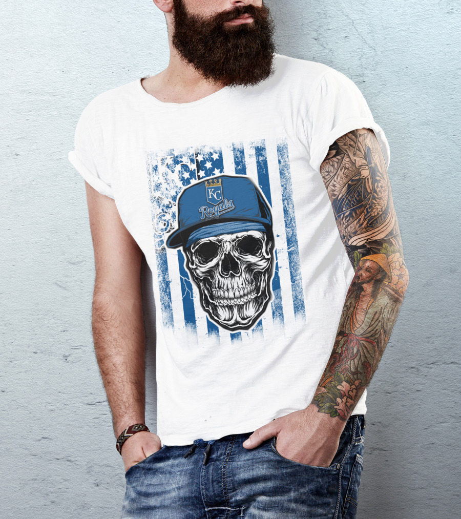 Kansas City Royals Skull With Blue Hat And Crown Symbol On T-Shirt