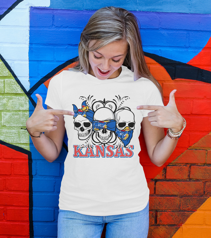 Kansas Jayhawks Skulls Bandana T-Shirt