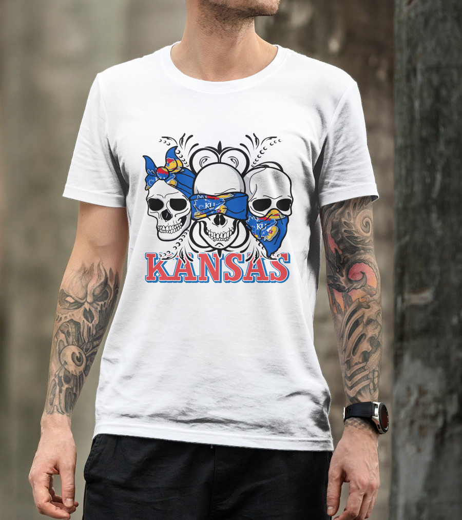 Kansas Jayhawks Skulls Bandana T-Shirt