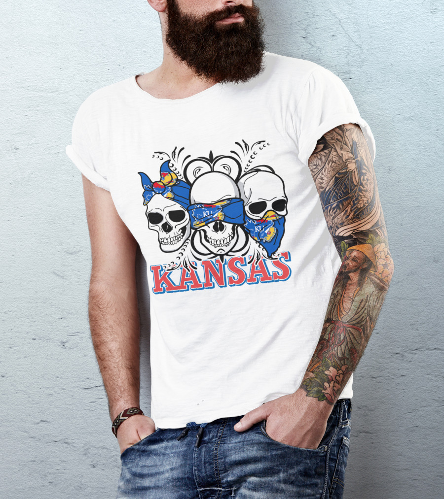 Kansas Jayhawks Skulls Bandana T-Shirt