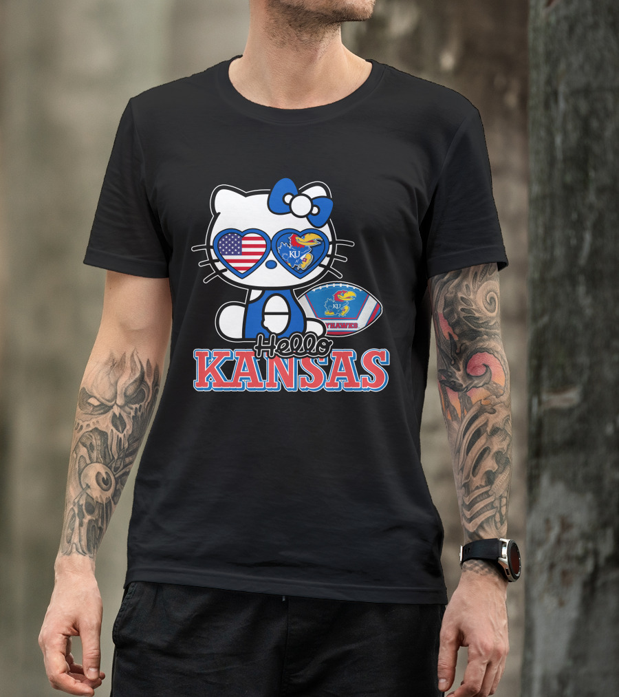Hello Kitty Kansas Jayhawks KU Football American Flag T-Shirt