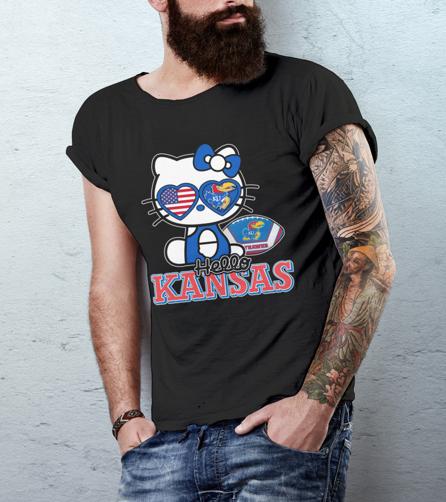 Hello Kitty Kansas Jayhawks KU Football American Flag T-Shirt