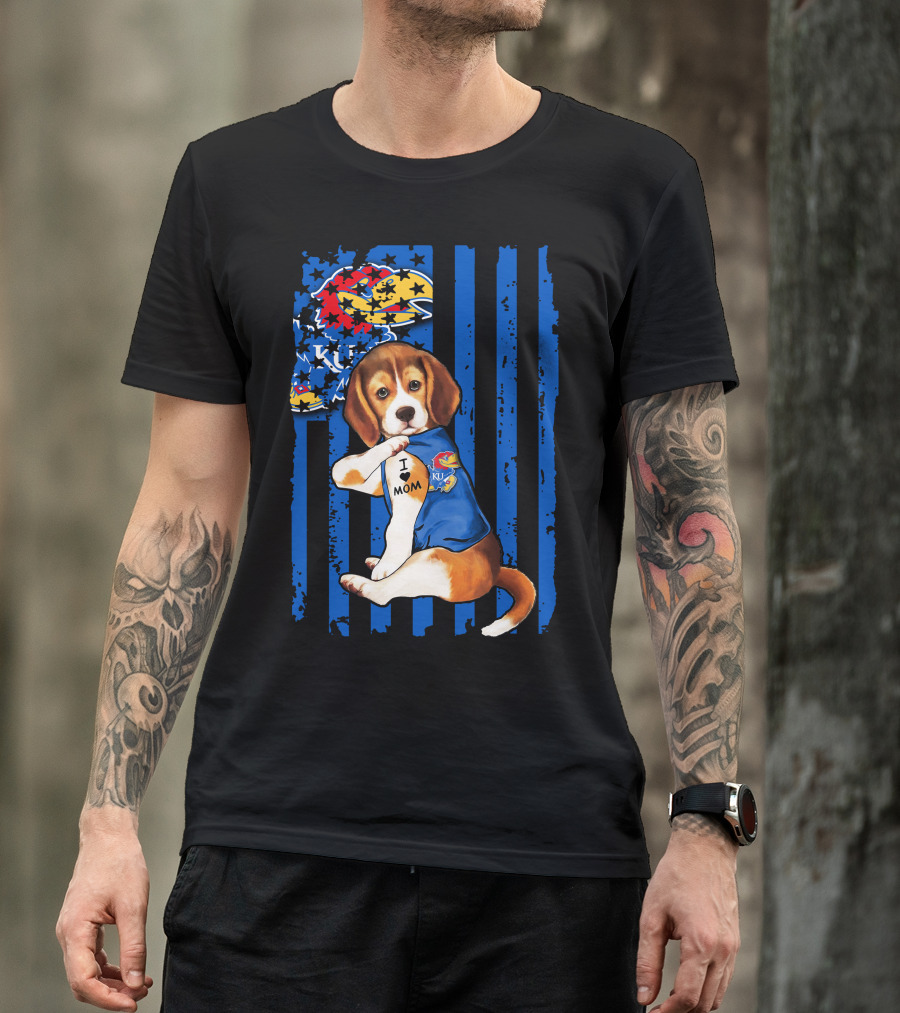 I Love Mom Beagle Wearing Kansas Jayhawks Logo Blue Flag Background T-Shirt