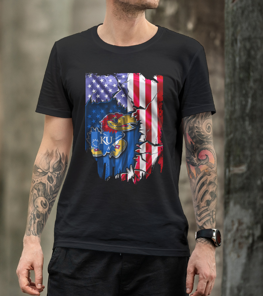 Flag Kansas Jayhawks American USA Torn Design KU T-Shirt