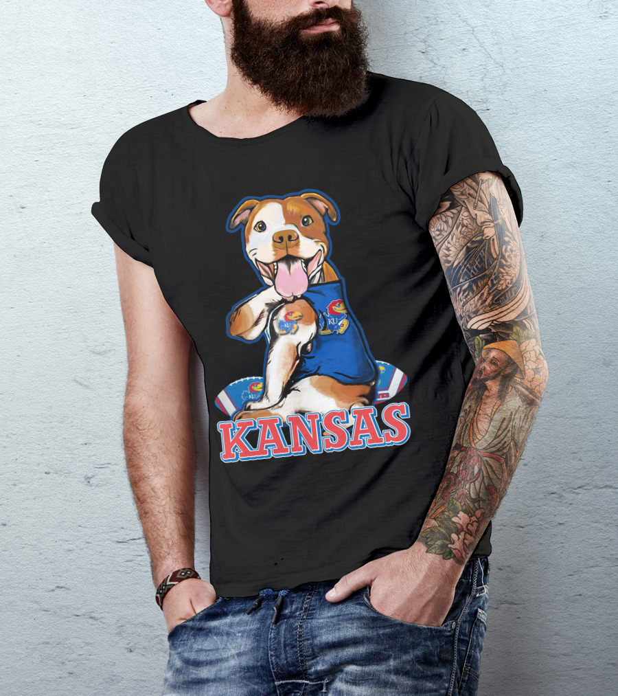 Kansas Pitbull Mascot With Jayhawks Football T-Shirt