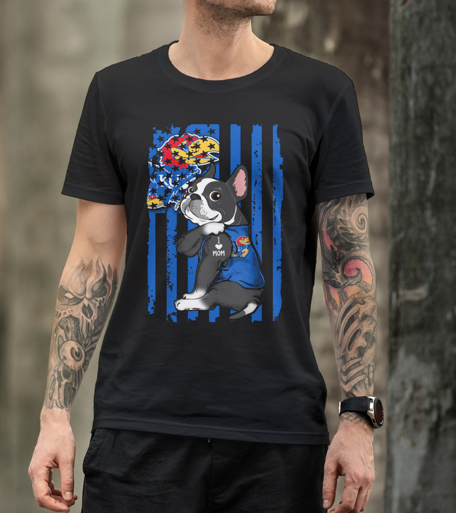 Boston Terrier I Love Mom Kansas Jayhawks KU Logo Blue Stripes T-Shirt
