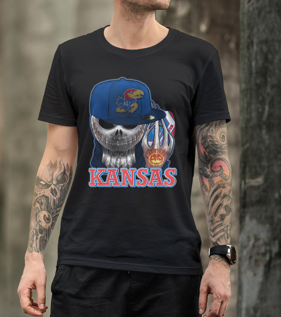 Kansas Jayhawks Skull Halloween Pumpkin Blue Cap T-Shirt
