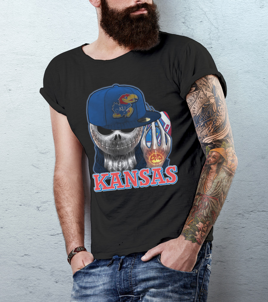 Kansas Jayhawks Skull Halloween Pumpkin Blue Cap T-Shirt