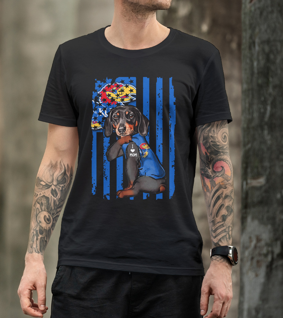 Dachshund I Love Mom Kansas Jayhawks Blue Stripes T-Shirt