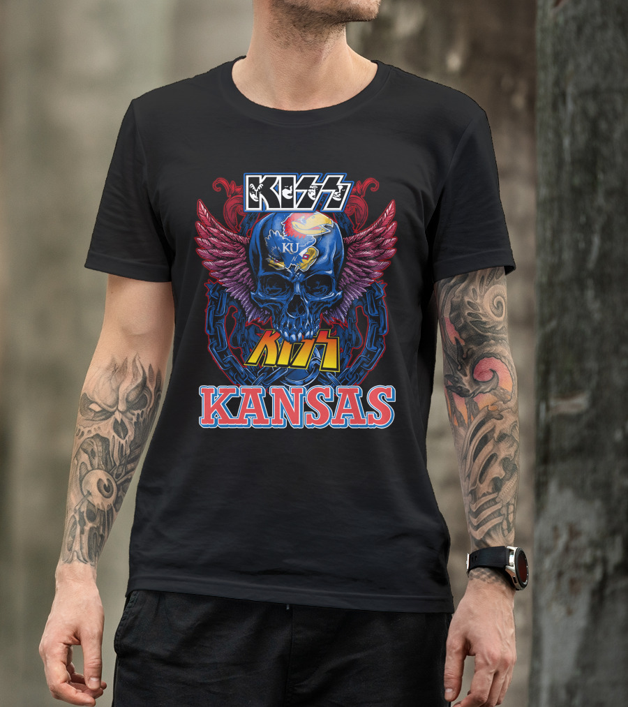 KISS Kansas Jayhawks Skull KU Winged Logo Chains T-Shirt