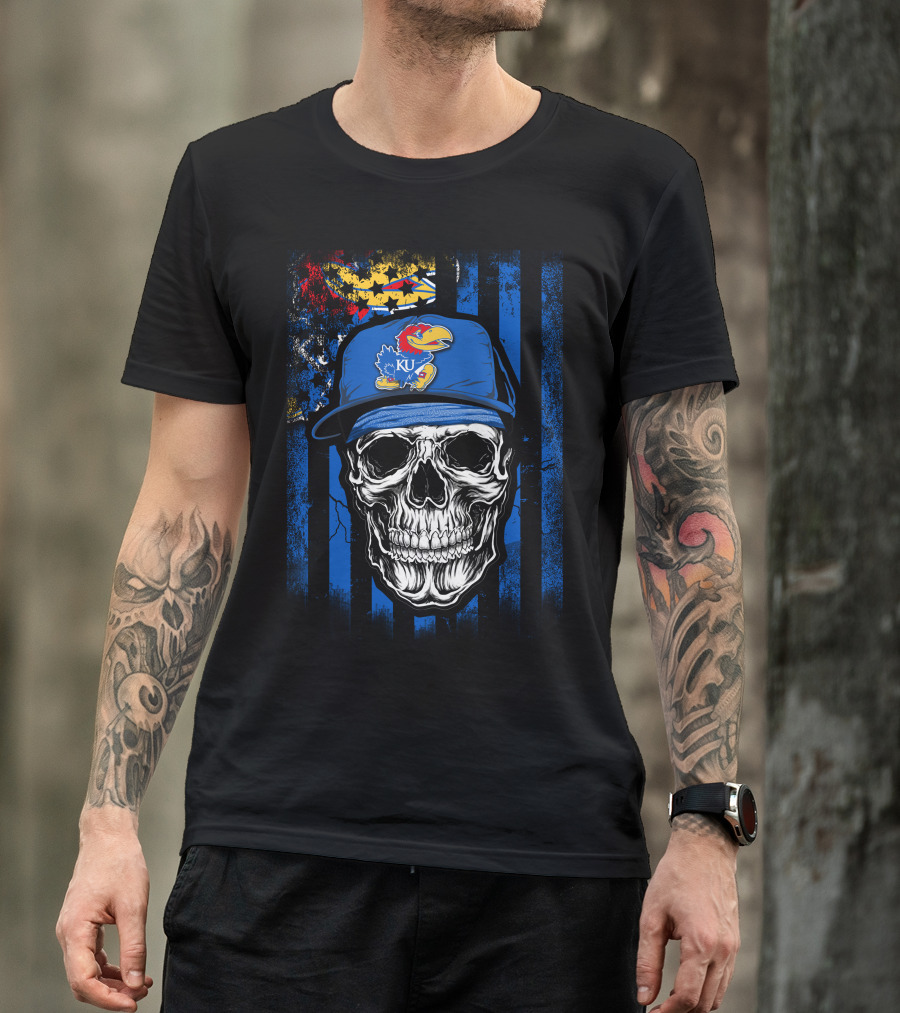Skull Kansas Jayhawks KU Logo Hat Blue And Red Stripes T-Shirt