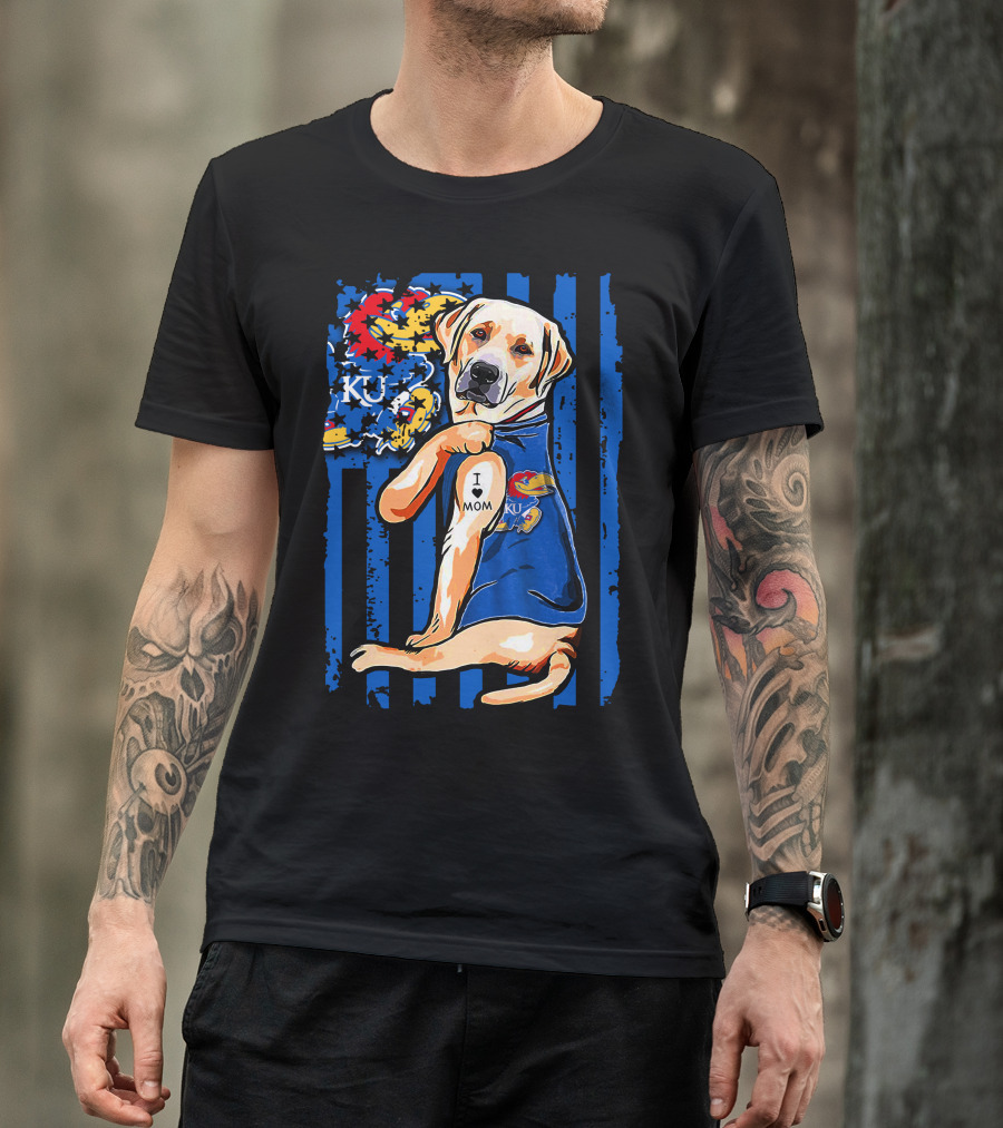Labrador Retriever I Love Mom Kansas Jayhawks KU Stripes T-Shirt