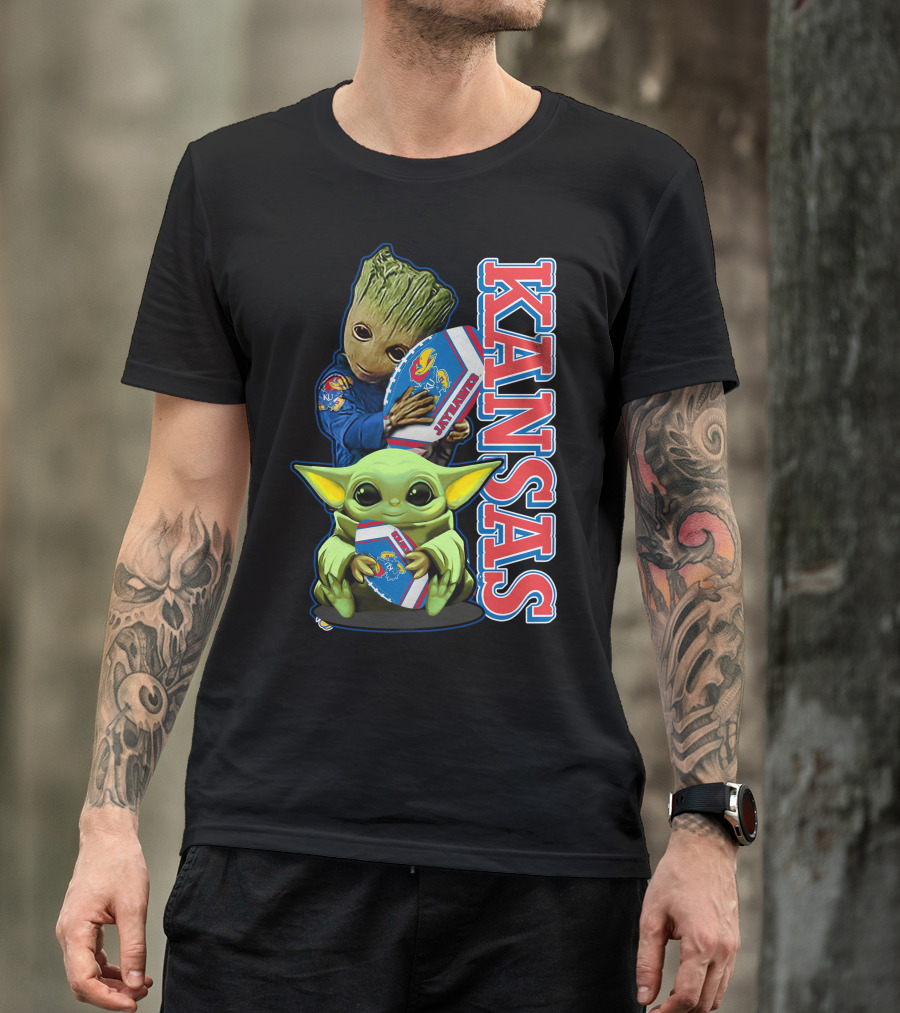 Kansas Jayhawks Groot Baby Yoda Football Hug T-Shirt