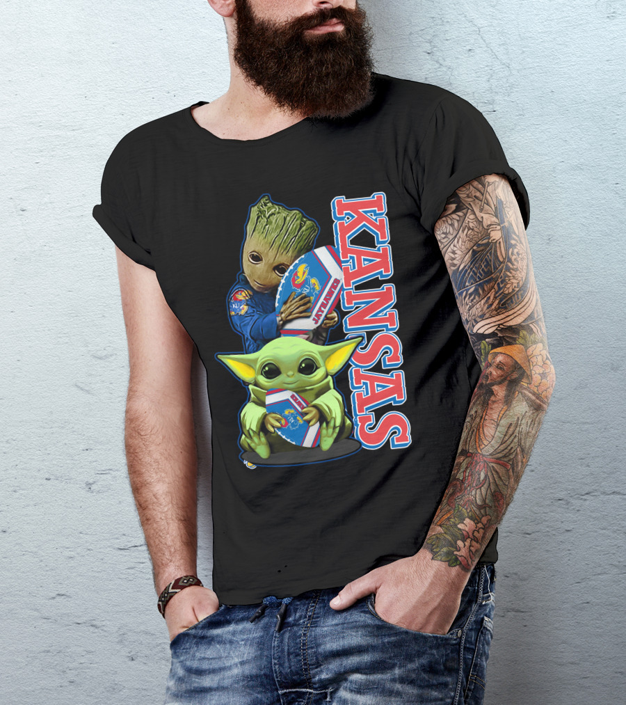 Kansas Jayhawks Groot Baby Yoda Football Hug T-Shirt