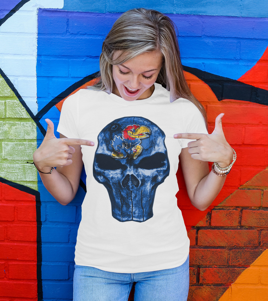 Kansas Jayhawks Logo On Blue Skull T-Shirt