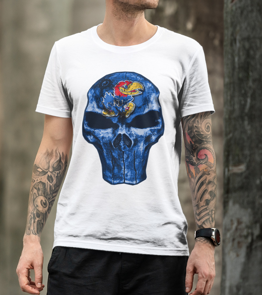 Kansas Jayhawks Logo On Blue Skull T-Shirt