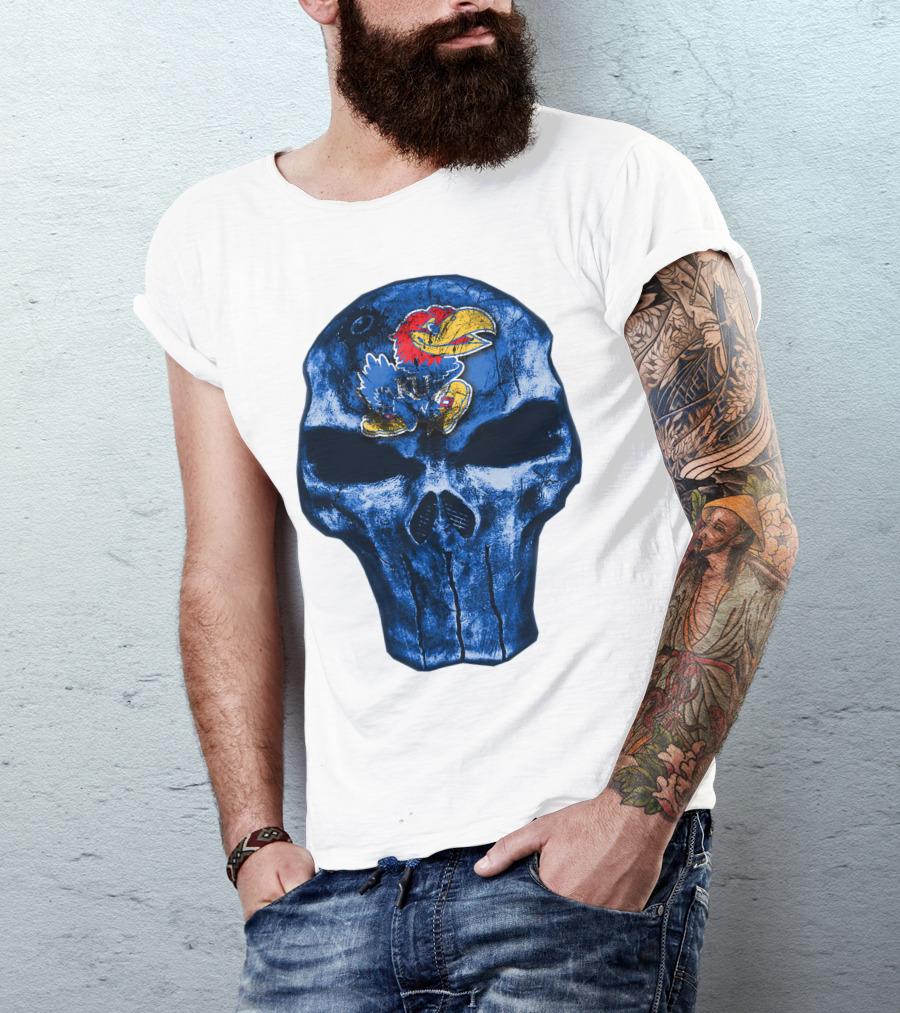 Kansas Jayhawks Logo On Blue Skull T-Shirt