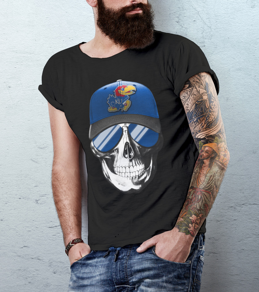 Kansas Jayhawks Skull With Blue Cap And Sunglasses T-Shirt