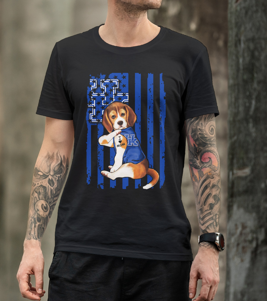 Beagle I Love Mom Kentucky Wildcats Blue Stars Stripes T-Shirt
