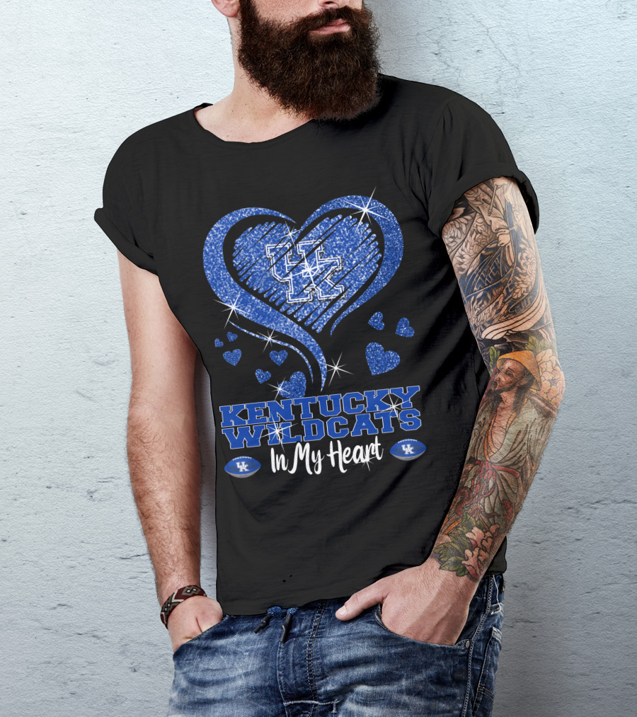 Kentucky Wildcats UK Logo In My Heart With Glittering Blue Hearts T-Shirt