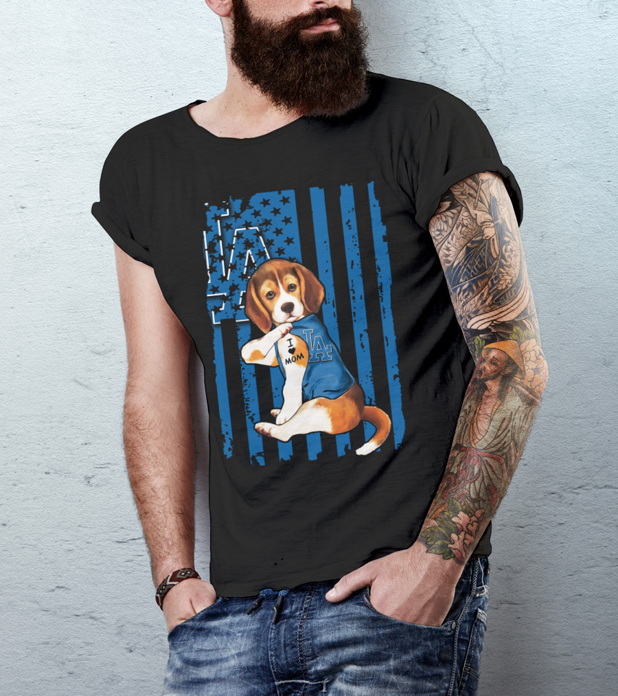 Beagle Wearing Los Angeles Dodgers Shirt With Tattoo I Love Mom T-Shirt