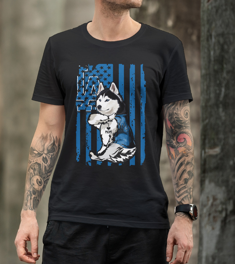 Siberian Husky LA Dodgers Blue American Flag Mom Tattoo T-Shirt