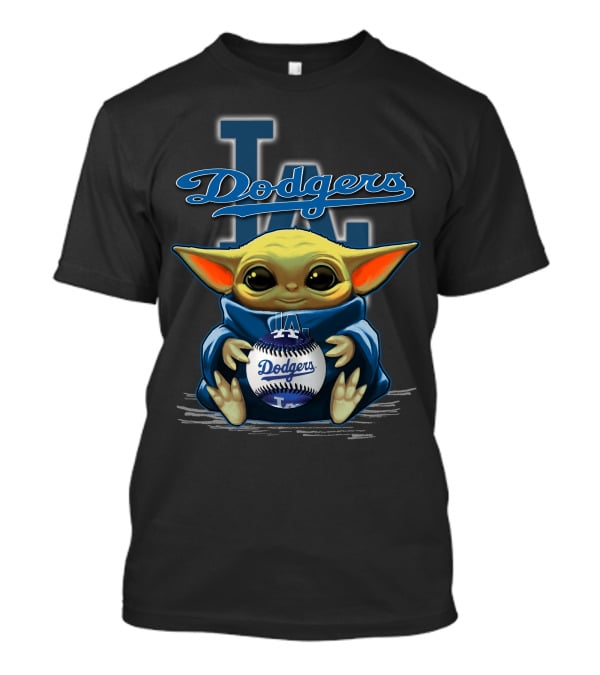 Yoda Holding Dodgers Baseball With Los Angeles Dodgers Logo Background T-Shirt