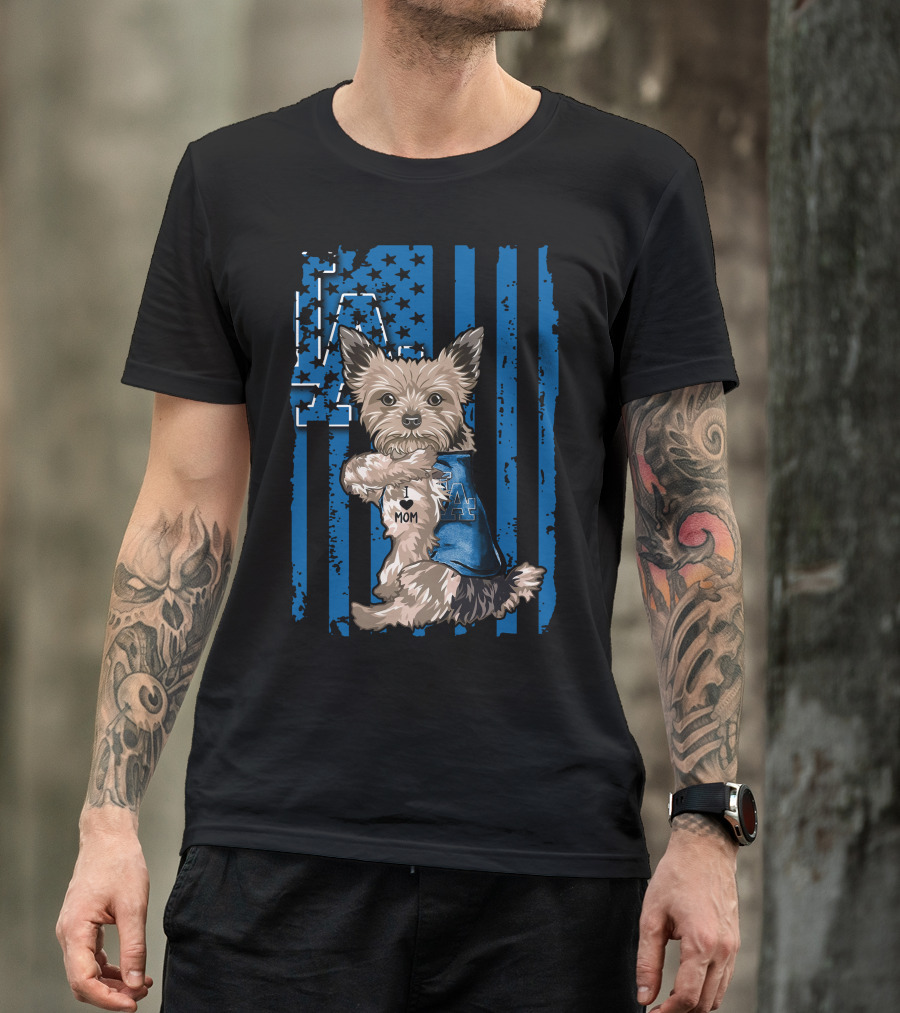 Yorkshire Terrier I Love Mom Los Angeles Dodgers Blue Stars Stripes T-Shirt