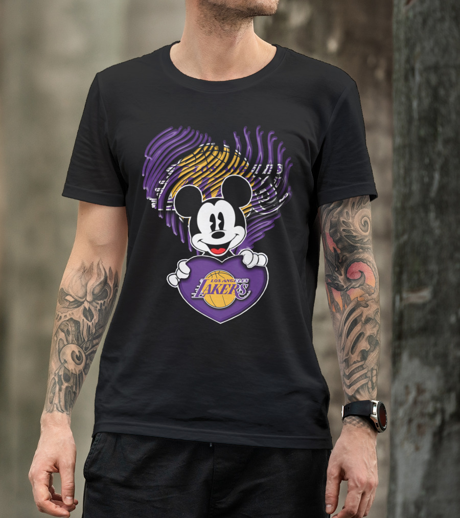 Mick Mouse Los Angeles Lakers Basketball Team Logo Handprint Heart T-Shirt
