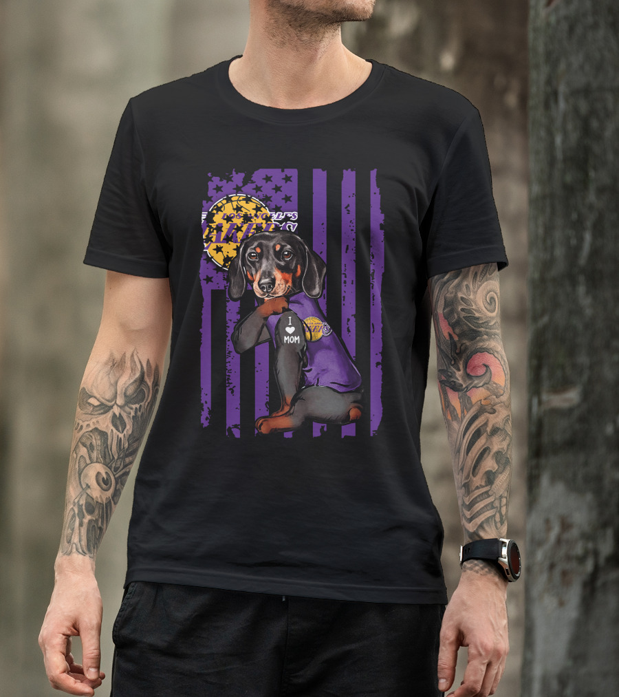 Dachshund I Love Mom Los Angeles Lakers Purple Basketball Team Fan T-Shirt