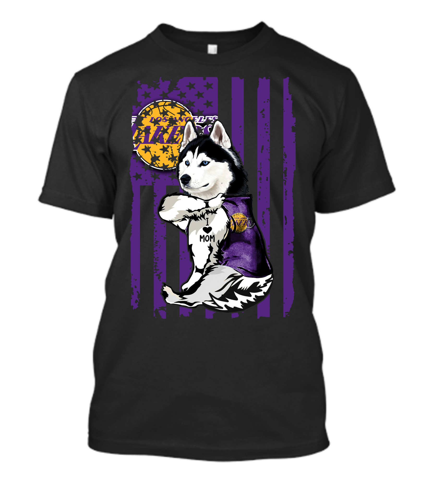 Siberian Husky Mom Los Angeles Lakers Fan With Purple American Flag Background T-Shirt