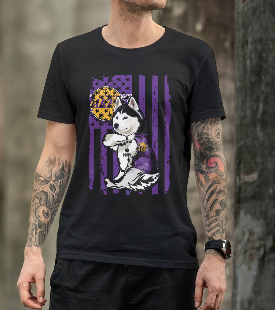 Siberian Husky Mom Los Angeles Lakers Fan With Purple American Flag Background T-Shirt