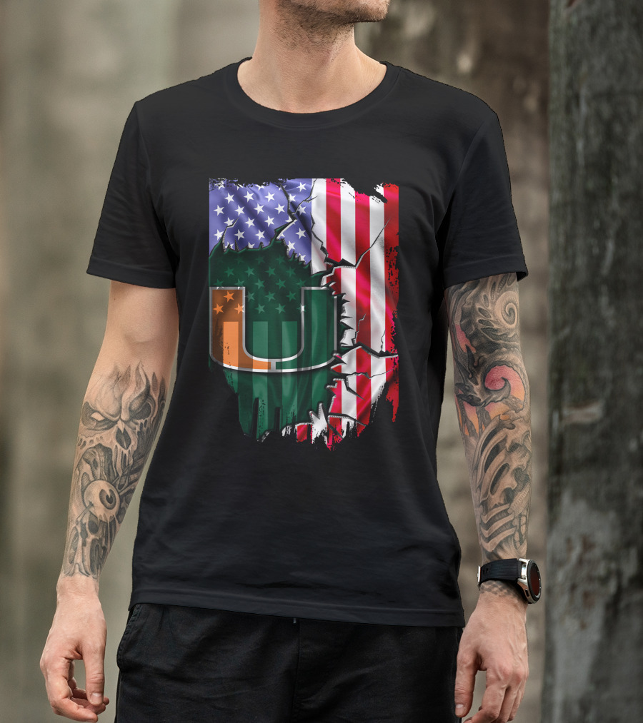 Flag Miami Hurricanes University U Patriotic USA Flag T-Shirt