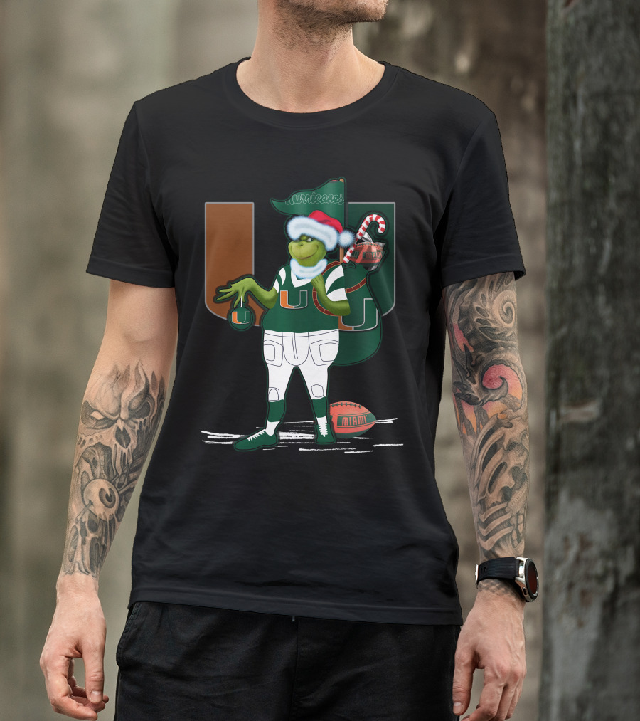 Grinchxmas Miami Hurricanes Festive Football Santa Grinch With Logo And Candy Cane Sack T-Shirt
