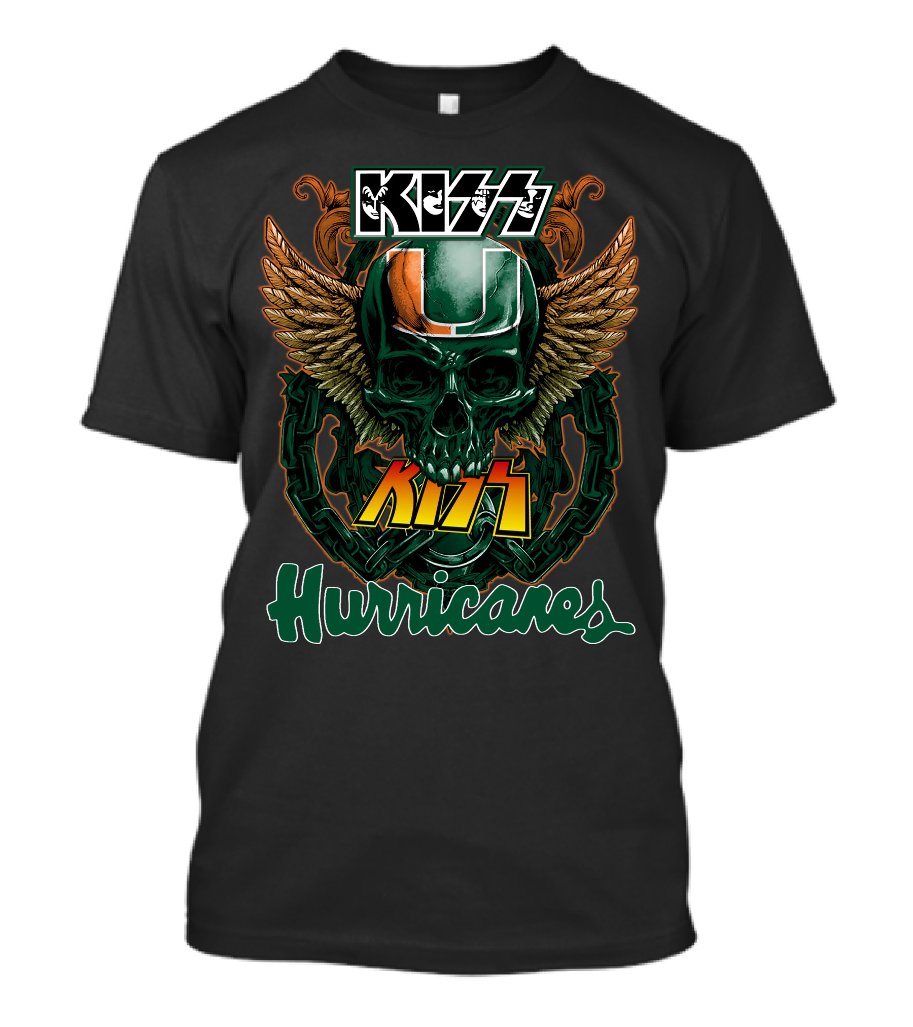 Kiss Miami Hurricanes Skull Winged Helmet Logo Collaboration T-Shirt